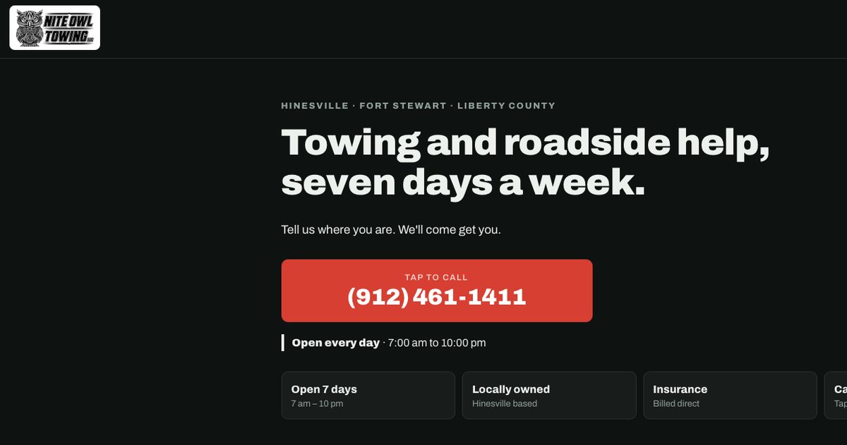Nite Owl Towing website, Hinesville Georgia